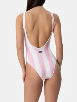 Einteiliger Damen-Badeanzug mit Scoopback-Streifendruck | FIORUCCI-SONDERAUSGABE
