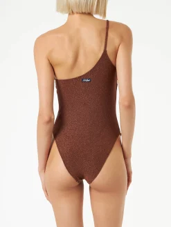 Einteiliger Damen-Badeanzug aus braunem Lurex mit einer Schulter