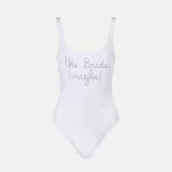Einteiliger Damen-Badeanzug mit „The Bride Maybe“-Strassstickerei