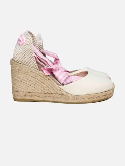 Espadrillas aus Canvas mit Naturdruck, hohem Keilabsatz und Knöchelspitze