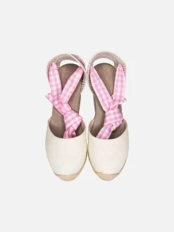 Espadrillas aus Canvas mit Naturdruck, hohem Keilabsatz und Knöchelspitze
