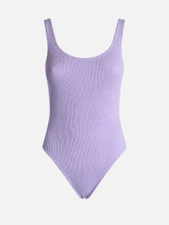 Fliederfarbener Damen-Badeanzug in Crinkle-Optik, Lora