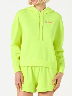 Fluogelber Kapuzenpullover mit St. Barth-Stickerei