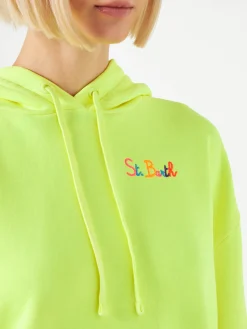Fluogelber Kapuzenpullover mit St. Barth-Stickerei