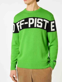 Fluogrüner Herrenpullover mit Off-Piste-Schriftzug