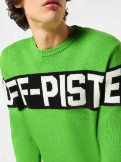 Fluogrüner Herrenpullover mit Off-Piste-Schriftzug