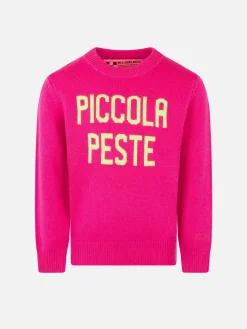 Fluo-Rosa-Pullover für Mädchen, gelbe Fluo-Piccola-Peste-Stickerei