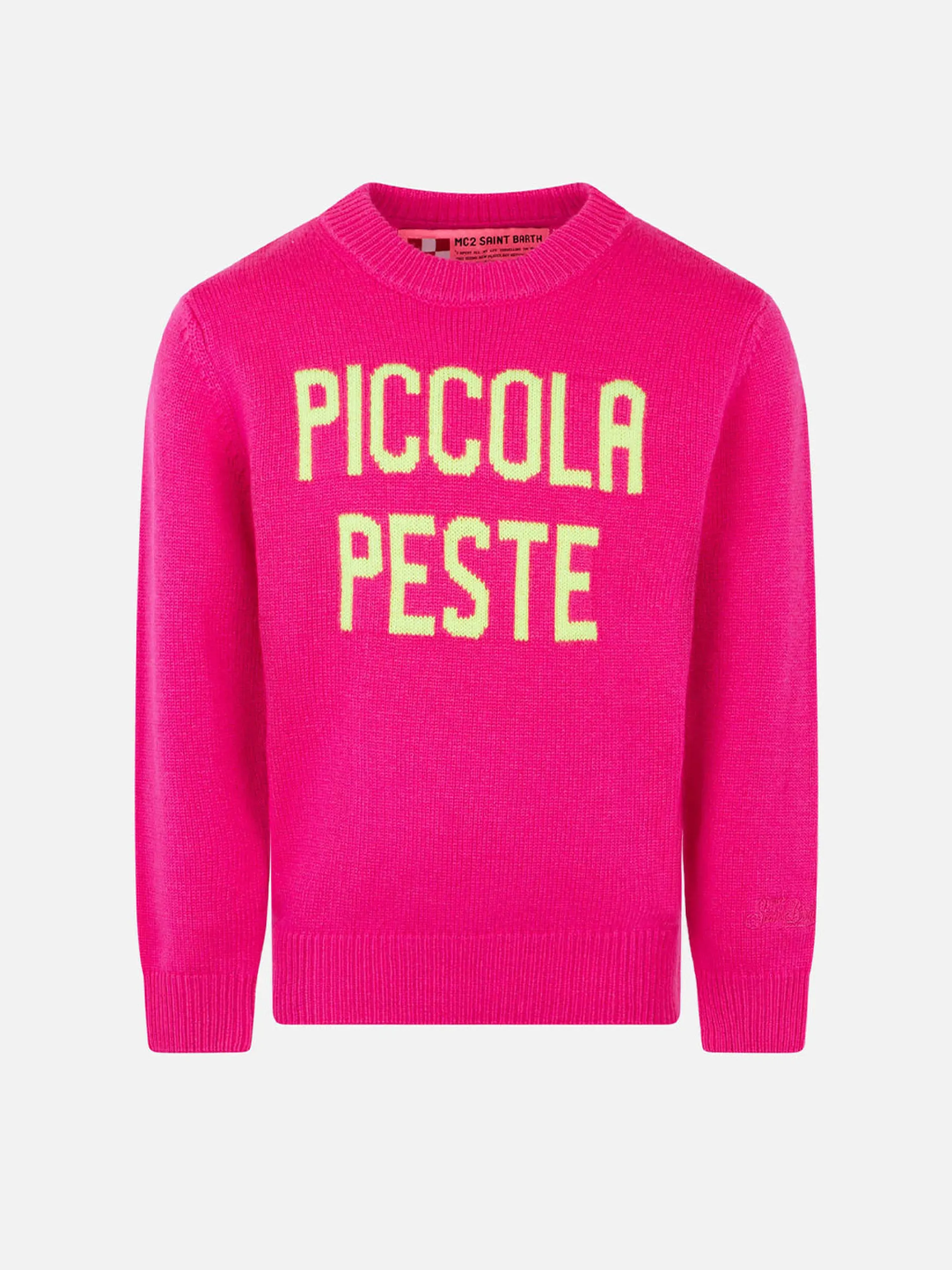 Fluo-Rosa-Pullover für Mädchen, gelbe Fluo-Piccola-Peste-Stickerei