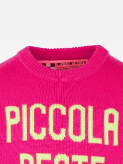 Fluo-Rosa-Pullover für Mädchen, gelbe Fluo-Piccola-Peste-Stickerei