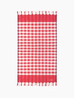 Fouta mit marineblauem Wellenbesatz und Gingham-Print