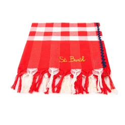 Fouta mit marineblauem Wellenbesatz und Gingham-Print