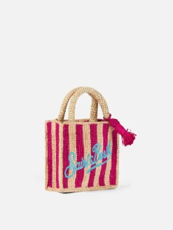 Fuchsia gestreifte Mini Vanity Basttasche mit Stickerei