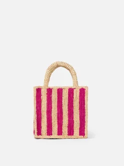 Fuchsia gestreifte Mini Vanity Basttasche mit Stickerei