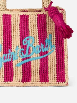 Fuchsia gestreifte Mini Vanity Basttasche mit Stickerei