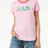 Fuchsia gestreiftes Baumwoll-T-Shirt mit St. Barth-Stickerei