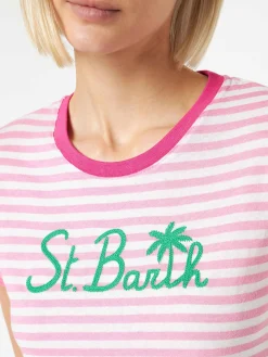 Fuchsia gestreiftes Baumwoll-T-Shirt mit St. Barth-Stickerei
