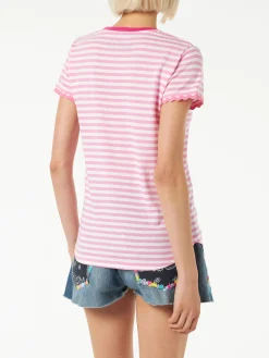 Fuchsia gestreiftes Baumwoll-T-Shirt mit St. Barth-Stickerei