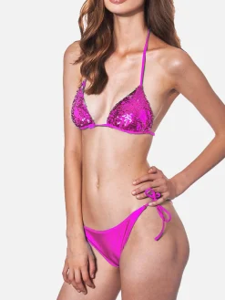 Fuchsiafarbener Triangel-Bikini mit Pailletten