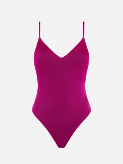 Fuchsia-Fluo-Einteiler mit V-Ausschnitt