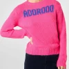 Gebürsteter Damenpullover in Fluo-Rosa mit Adoro-Print