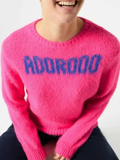 Gebürsteter Damenpullover in Fluo-Rosa mit Adoro-Print