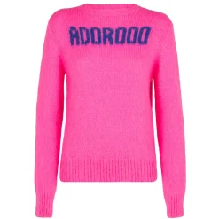 Gebürsteter Damenpullover in Fluo-Rosa mit Adoro-Print