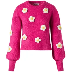 Gebürsteter Damenpullover mit gehäkelten Blumenapplikationen