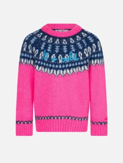 Gebürsteter Mädchenpullover mit Rundhalsausschnitt und nordischem Jacquard
