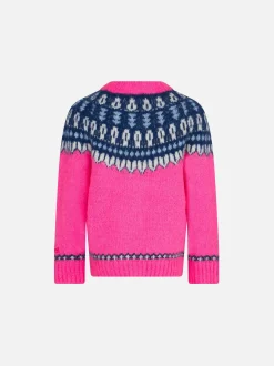 Gebürsteter Mädchenpullover mit Rundhalsausschnitt und nordischem Jacquard
