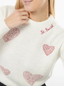 Gebürsteter weißer Damenpullover mit Strassherzen