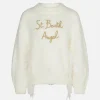 Gebürsteter weißer Mädchenpullover mit Rundhalsausschnitt und Stickerei