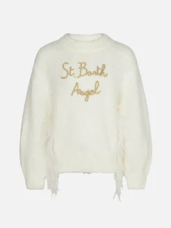 Gebürsteter weißer Mädchenpullover mit Rundhalsausschnitt und Stickerei