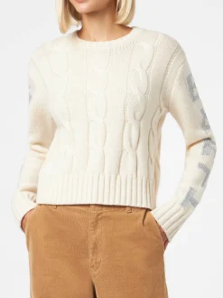 Geflochtener Damenpullover mit Rundhalsausschnitt und Saint-Barth-Lurex-Print