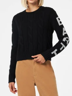 Geflochtener Damenpullover mit Rundhalsausschnitt und Saint-Barth-Lurex-Print