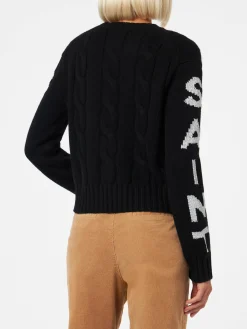 Geflochtener Damenpullover mit Rundhalsausschnitt und Saint-Barth-Lurex-Print