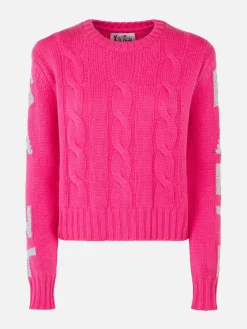 Geflochtener Damenpullover mit Rundhalsausschnitt und Saint-Barth-Lurex-Print