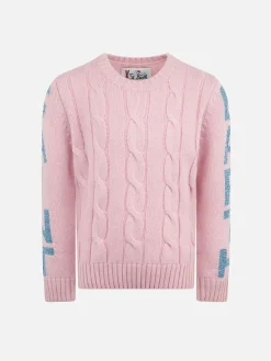 Geflochtener Mädchenpullover mit Rundhalsausschnitt und Saint-Barth-Lurex-Print