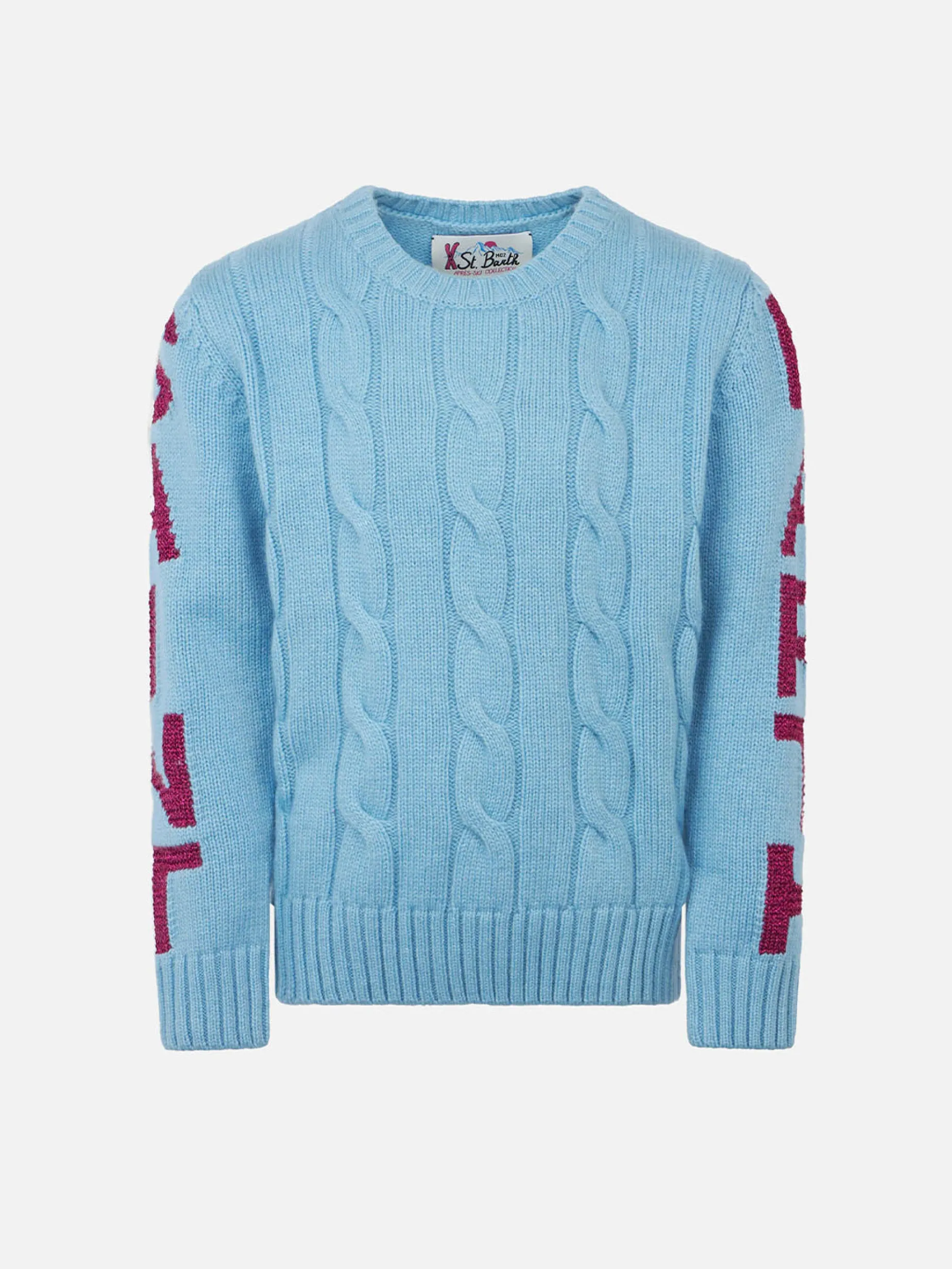 Geflochtener Mädchenpullover mit Rundhalsausschnitt und Saint-Barth-Lurex-Print