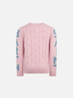 Geflochtener Mädchenpullover mit Rundhalsausschnitt und Saint-Barth-Lurex-Print