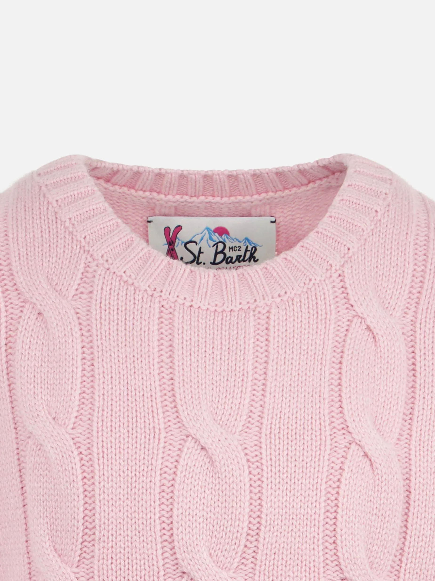 Geflochtener Mädchenpullover mit Rundhalsausschnitt und Saint-Barth-Lurex-Print