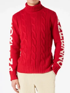 Geflochtener Rollkragenpullover für Herren mit Cortina Ampezzo-Aufdruck