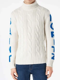 Geflochtener Rollkragenpullover für Herren mit Sankt-Moritz-Aufdruck