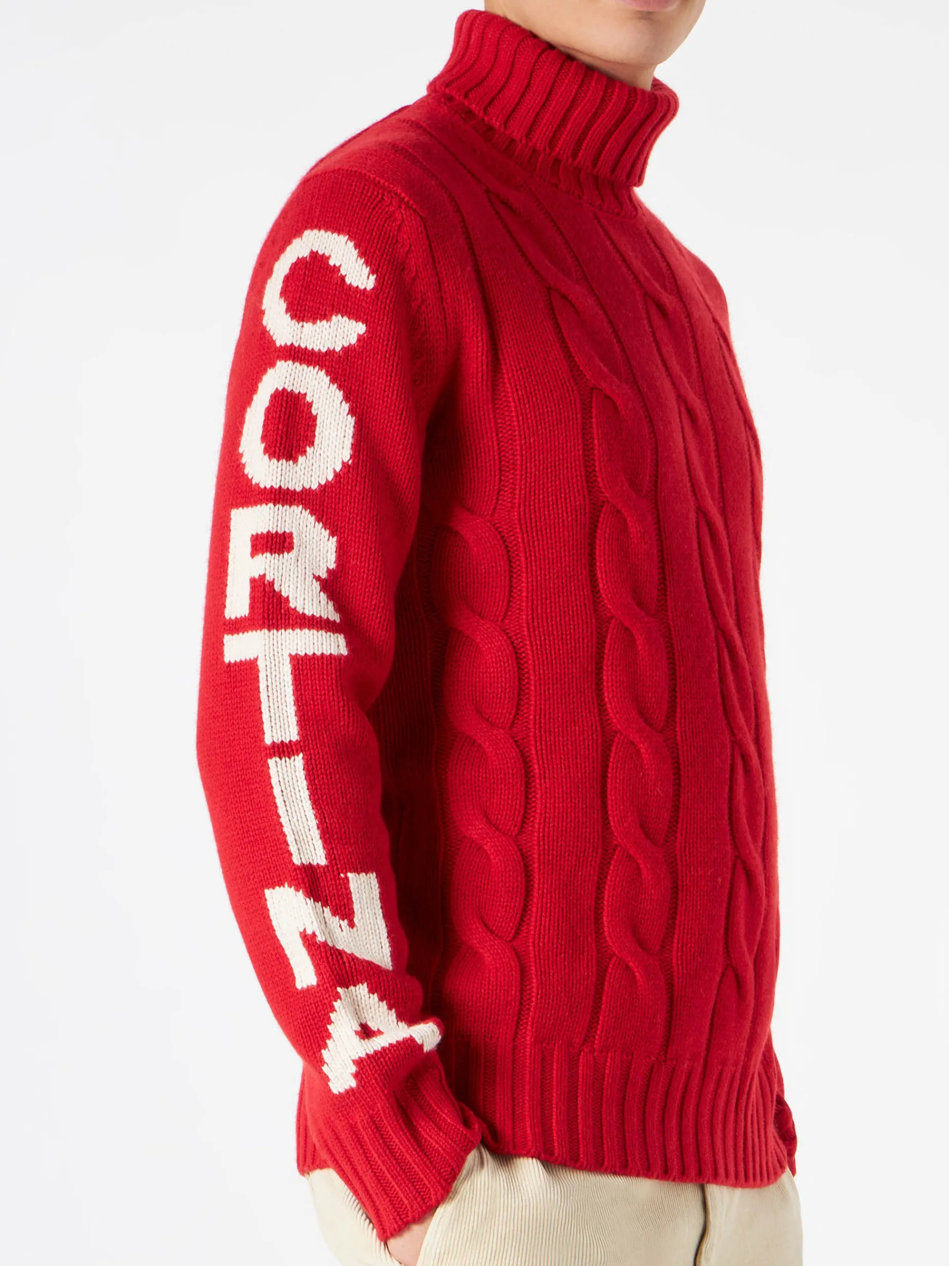 Geflochtener Rollkragenpullover für Herren mit Cortina Ampezzo-Aufdruck