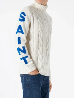 Geflochtener Rollkragenpullover für Herren mit Sankt-Moritz-Aufdruck