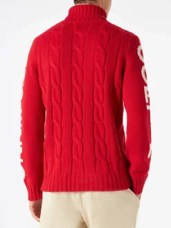 Geflochtener Rollkragenpullover für Herren mit Cortina Ampezzo-Aufdruck