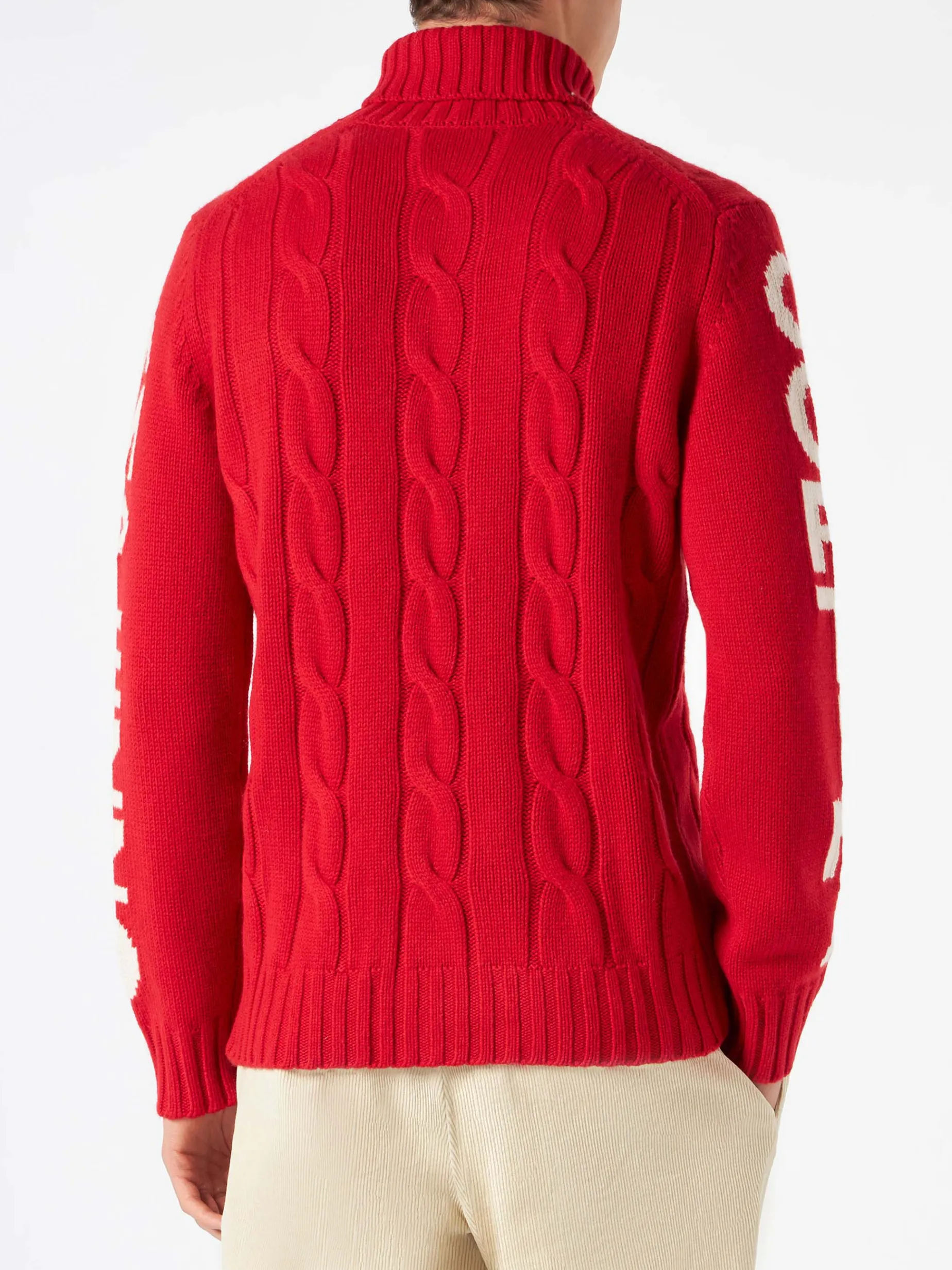 Geflochtener Rollkragenpullover für Herren mit Cortina Ampezzo-Aufdruck