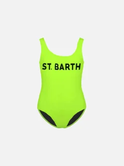 Gelber Fluo-Mädchen-Badeanzug mit St. Barth-Print
