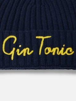 Gerippte blaue Herrenmütze Wengen mit Stickerei Gin Tonic