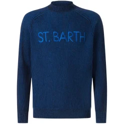 Gerippter blauer Herrenpullover mit halbem Rollkragen