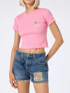 Geripptes Damen-T-Shirt mit Après Beach-Stickerei
